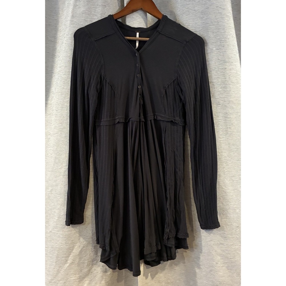 Free People Womens Birdie Henley Long Sleeve Boho Babydoll Tunic Top Black L